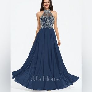 Navy Blue A-line High Neck Floor-Length Chiffon Size 12